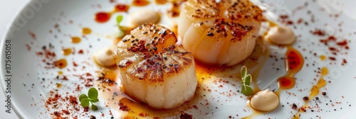 Delicious Scallops as a Gourmet Dish in a Michelin-Star Restaurant, Highlighting the Elegance and Culinary Excellence of Fine Dining, Perfect for Food and Restaurant Promotions photo