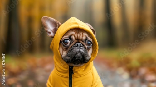 Hilarious Photo of a Pug Wearing a Yellow Hoodie, Funny Pet Costume Idea, Comical Dog Outfit, Adorable French Bulldog in a Sweatshirt, Cute Pet Clothes