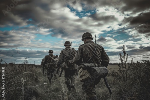 Allied Soldiers Squad on World War II Battlefield, Capturing the Historical Significance and Intensity of Combat, Perfect for History and Military-Themed Promotions photo