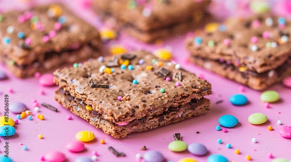 Macro close up on mrshmellow biscuits with cocoa vanilla and rainbow flakes isolated on colorful background Macro close up on mrshmellow biscuits with cocoa vanilla and rainbow flakes isolated on colorful background