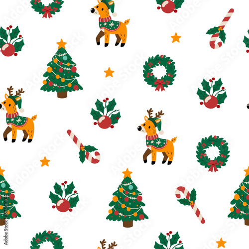 Beautiful Christmas doodle seamless pattern, hand drawn pattern, great for Christmas textiles, banners, wrappers, wallpapers - vector surface. Christmas elements.