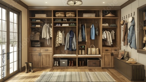 Charming mudroom with coats, storage baskets, and bench seating. Ideal for home organization inspiration. AIG59 photo