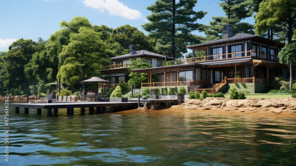 a house by the water with a beach and trees in the background a house by the water with a beach and trees in the background