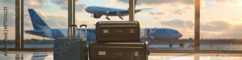 Luggage Piled Up in Airport Terminal with Airplanes Flying Overhead, Capturing the Bustling Atmosphere of Travel and Transportation, Perfect for Travel and Aviation-Themed Promotions photo