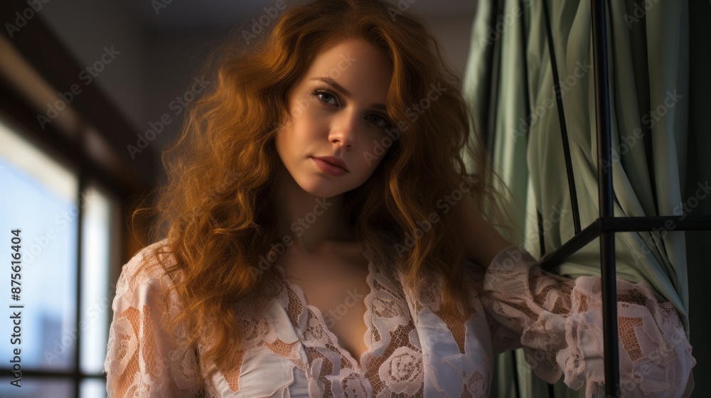 a woman with red hair posing in front of a window a woman with red hair posing in front of a window