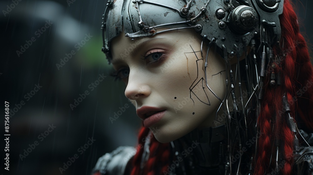 a woman with red hair wearing a helmet in the rain a woman with red hair wearing a helmet in the rain