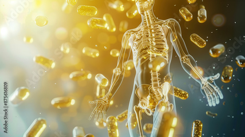 3D illustration of Vitamin D hologram enhancing bone strength and healthy skeleton for medical concept photo