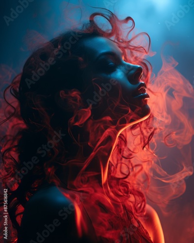 a woman with red smoke coming out of her hair