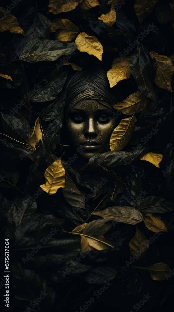 a womans face is surrounded by leaves on a black background a womans face is surrounded by leaves on a black background