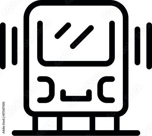 Simple black and white icon of a modern tram arriving at a public transportation stop