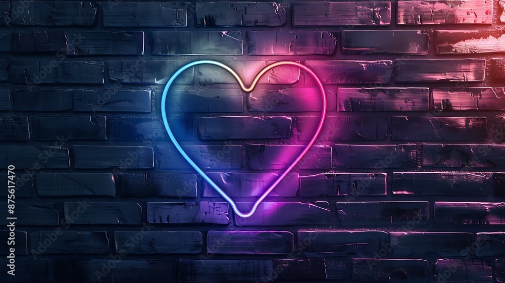 Neon Gradient Glowing Heart with glowing neon colorful lighting on black brick wall Neon Gradient Glowing Heart with glowing neon colorful lighting on black brick wall