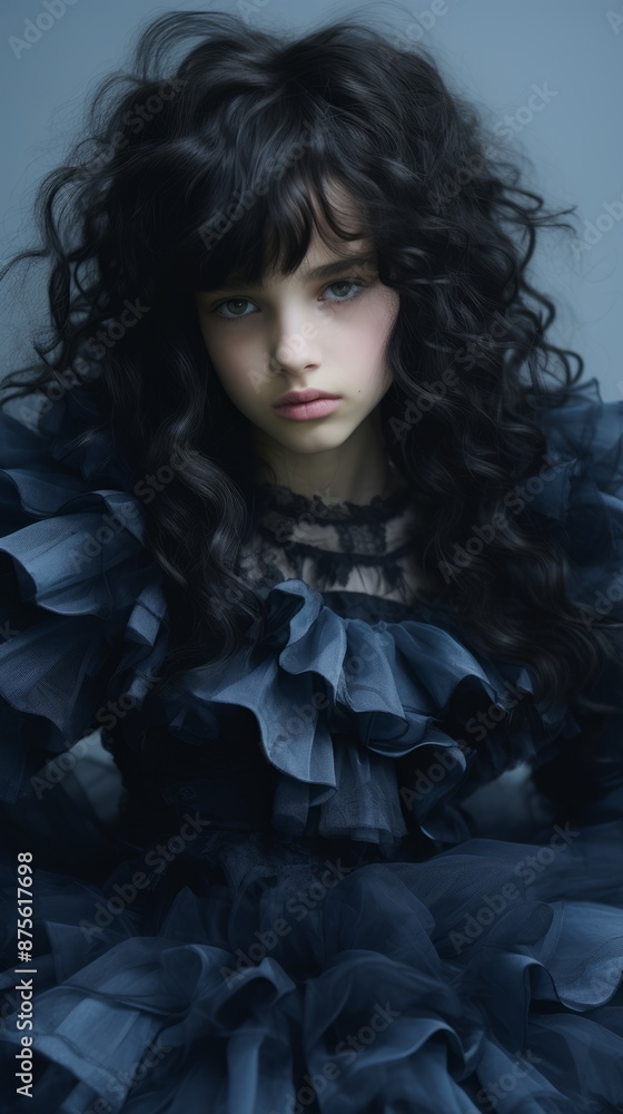 a young girl in a blue dress with long black hair a young girl in a blue dress with long black hair