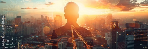 Abstract sunset silhouette, double exposure image of businessman backlit profile overlayed with cityscape, embracing modernity, business and city life photo