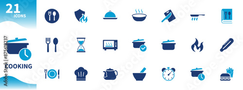 Cooking icon. Set of icons for pots, pans, fire, cooking time, cutting board, restaurant, food,...
