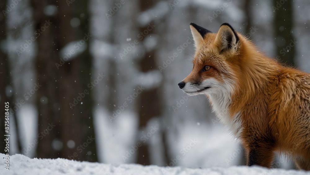 Fototapeta premium Alert Red Fox Standing in Snow Looking to the Right Stunning Winter Wildlife Photography in Snowy Landscape Perfect for Nature Forest and Animal Conservation Themes