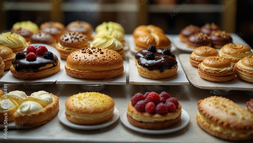 There are various pastries on a bakery shelf including croissants, danishes, and tarts.
There are various pastries on a bakery shelf including croissants, danishes, and tarts.