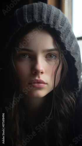 a young woman in a hoodie looking at the camera