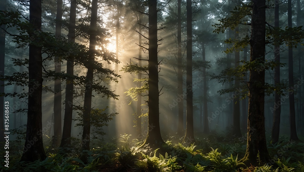 This image shows tall tress in a forest with bright sunlight shining through the trees.
This image shows tall tress in a forest with bright sunlight shining through the trees.