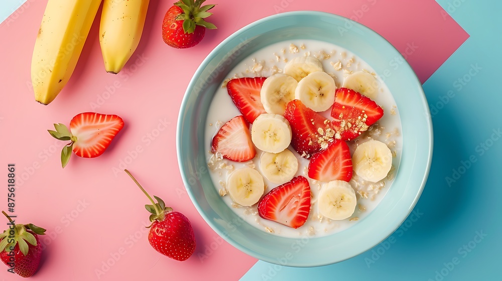 Oatmeal porridge with milk and fresh strawberries and banana slices in a blue bowl isolated on colorful background Oatmeal porridge with milk and fresh strawberries and banana slices in a blue bowl isolated on colorful background