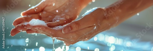 Close-Up of Woman Washing Hands Under Faucet with Liquid Antibacterial Soap and Foam, Emphasizing Self-Care and Hygiene, Perfect for Global Handwashing Day Promotions photo