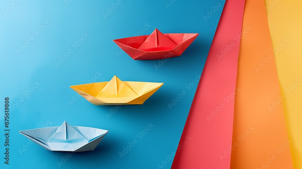 Paper boat three failed attempts until the solution is achieved isolated on colorful background Paper boat three failed attempts until the solution is achieved isolated on colorful background
