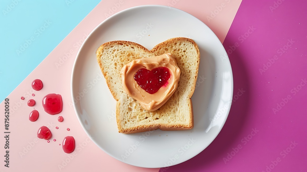Peanut butter jelly heart sandwich on modern plate isolated on colorful background