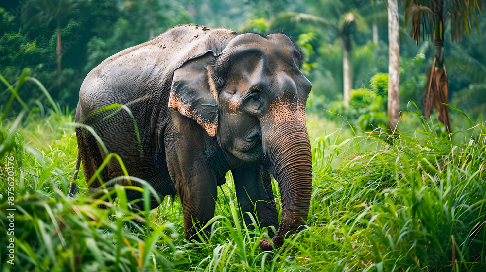 Fototapeta premium Majestic African elephant standing amidst the lush green vegetation of a tropical rainforest habitat The powerful mammal is wandering and exploring its natural environment