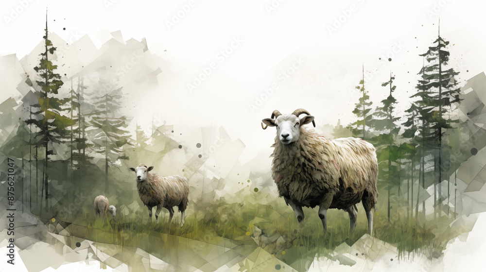 Obraz premium White Background, Double Exposure, Watercolour Sheep ~ Created using Generative AI