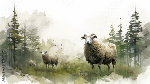 White Background, Double Exposure, Watercolour Sheep ~ Created using Generative AI