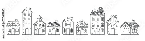 Collection of sweet houses in doodle style. With creative roofs and windows. Vector illustration for house icon, village, city element..eps
