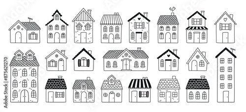 Hand drawn doodle street homes icons set. Vector illustration. Cottage symbol collection. Cartoon village buildings various sketch architectural elements residential houses.eps