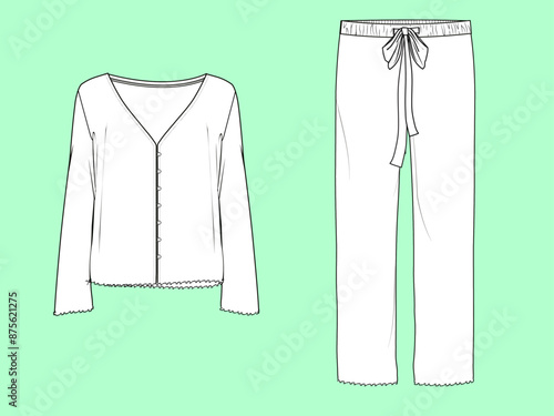 ladies nightwear v neck tops and trouser set flat sketch vector. 