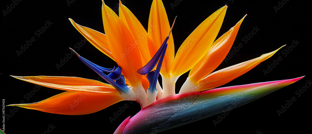 Bright orange bird of paradise flower standing out in a lush green garden