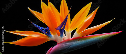 Bright orange bird of paradise flower standing out in a lush green garden
