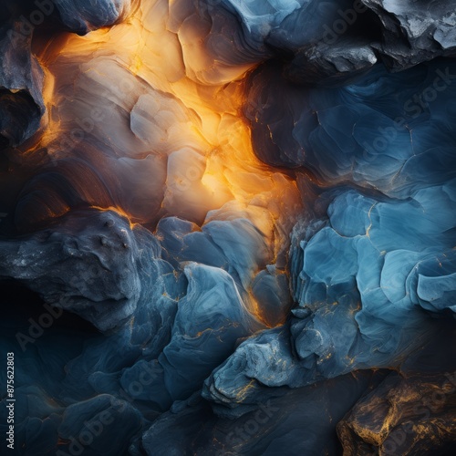 an abstract image of blue and orange rocks