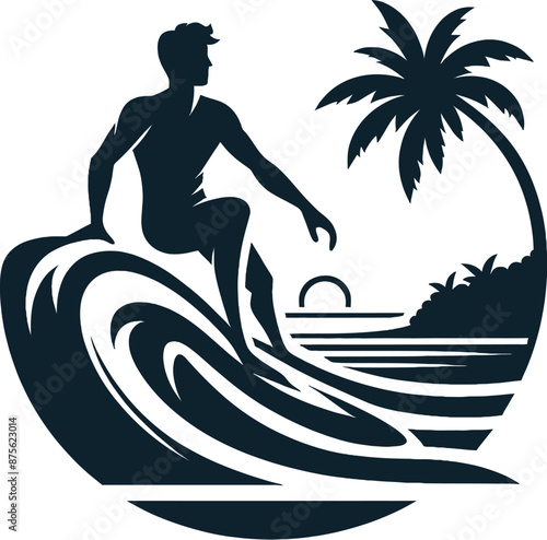 Surfer Riding a Wave Logo Icon Silhouette in Vector Style on White Background