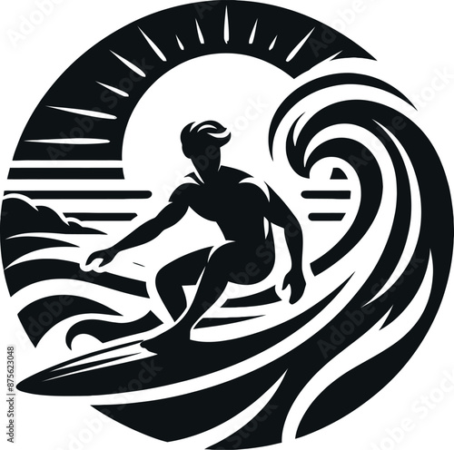 Surfer Riding a Wave Logo Icon Silhouette in Vector Style on White Background