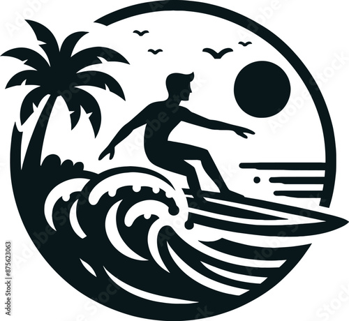 Surfer Riding a Wave Logo Icon Silhouette in Vector Style on White Background
