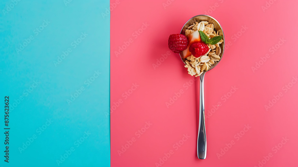 spoon of cereal and fruit isolated on colorful background spoon of cereal and fruit isolated on colorful background