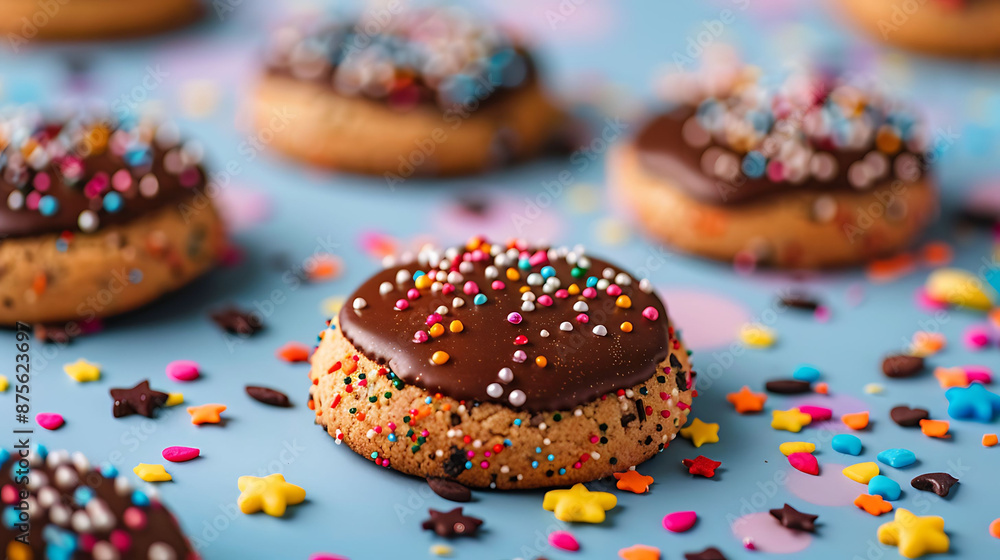 Sprinkle cookies with chocolate icing isolated on colorful background Sprinkle cookies with chocolate icing isolated on colorful background