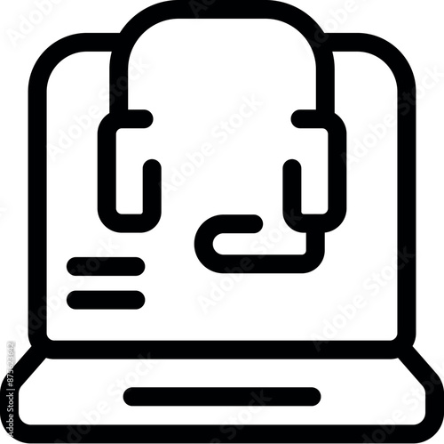 Simple icon of a laptop displaying a customer service headset, representing online support and communication