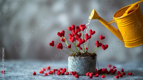 Watering Love: A Yellow Watering Can Nourishes Red Hearts