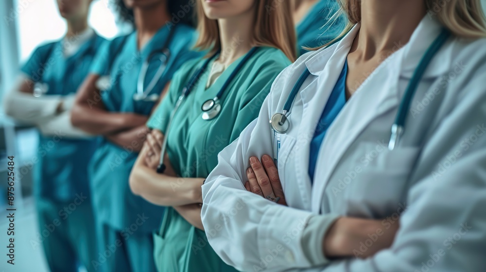 A group of confident and professional doctors standing in a line with arms crossed, ready to assist those in need of medical attention. Close-up shot featuring ultra-realism A group of confident and professional doctors standing in a line with arms crossed, ready to assist those in need of medical attention. Close-up shot featuring ultra-realism