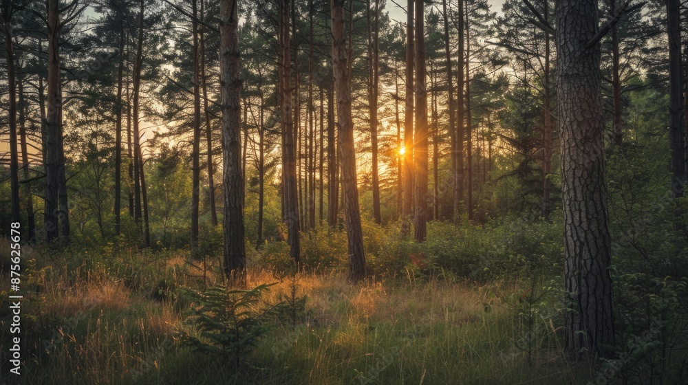forest at sunset, with the last rays of sun illuminating the trees and the sky generative ai forest at sunset, with the last rays of sun illuminating the trees and the sky generative ai