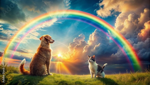 Whimsical illustration depicting a curious cat and dog standing together, gazing up at a vibrant rainbow, symbolizing their journey to the afterlife. photo