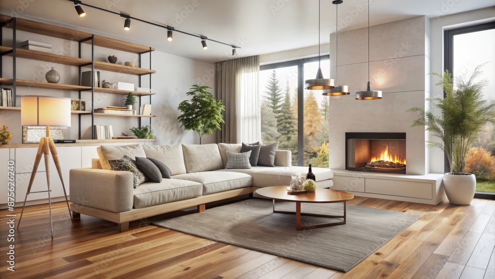 Fototapeta premium Modern Scandinavian living room features sleek white corner sofa situated near warm fireplace amidst minimalist decorative accents and wooden flooring.