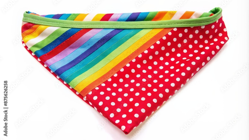 Obraz premium Vibrant multicolored pet bandana with fun polka dots and stripes on a clean white isolated background waiting for customization.