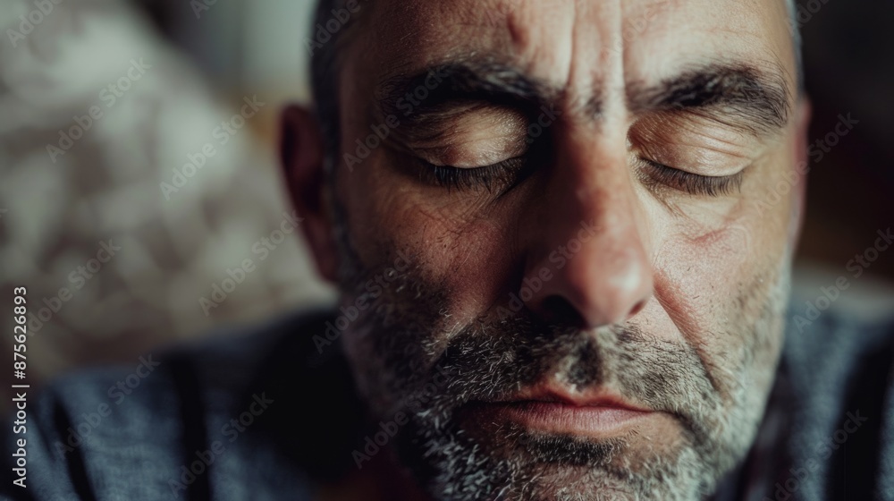 Lonely and depressed adult man with eyes closed at home generative ai Lonely and depressed adult man with eyes closed at home generative ai