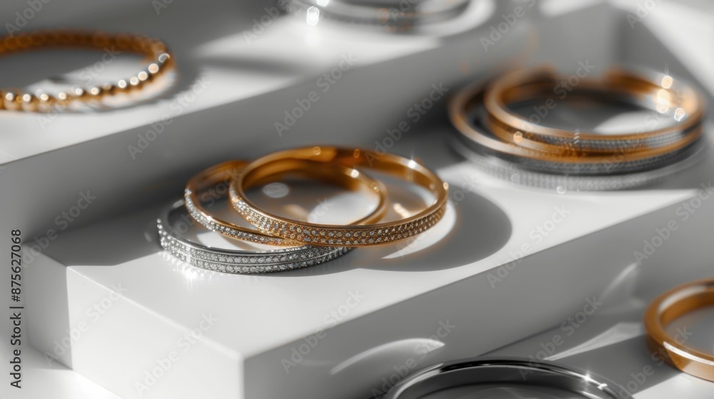 Assortment of gold and silver rings on white display stand for fashion and beauty accessories showcase concept Assortment of gold and silver rings on white display stand for fashion and beauty accessories showcase concept