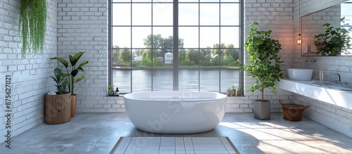 Serene Minimalist Bathroom with a River View and Indoor Plants